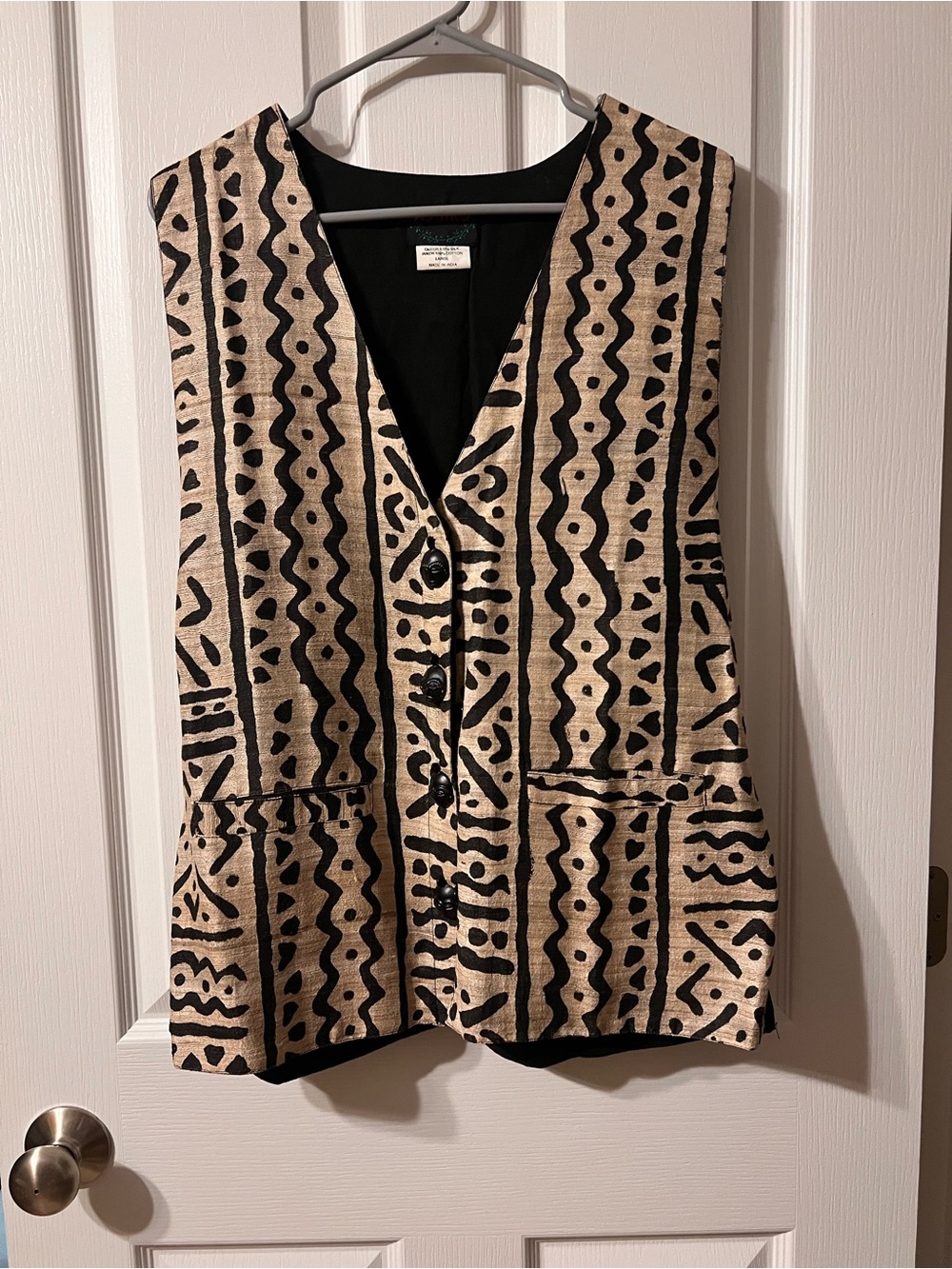 100% Silk Black & Tan Patterned Button Front Vest